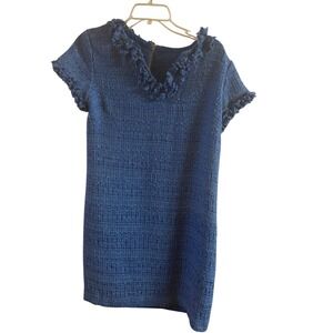 Sara Campbell Blue Tweed Retro Shift Dress Sz 10 Fringed Neckline & Sleeve Hems